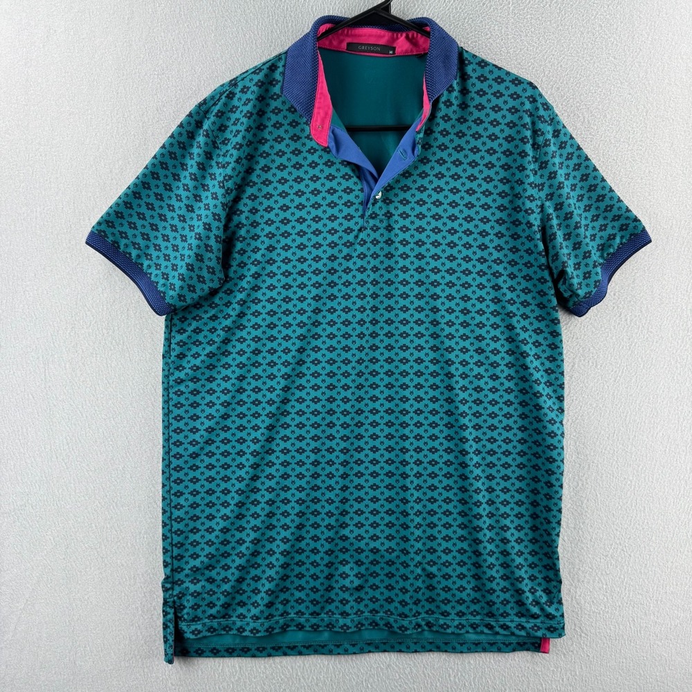 Greyson Golf Polo Shirt Mens Medium Blue Turquoise Southwestern Aztec Pattern